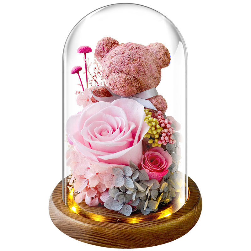 Immortal Moss Bear Gift with Dried Flower Rose Glass Cover