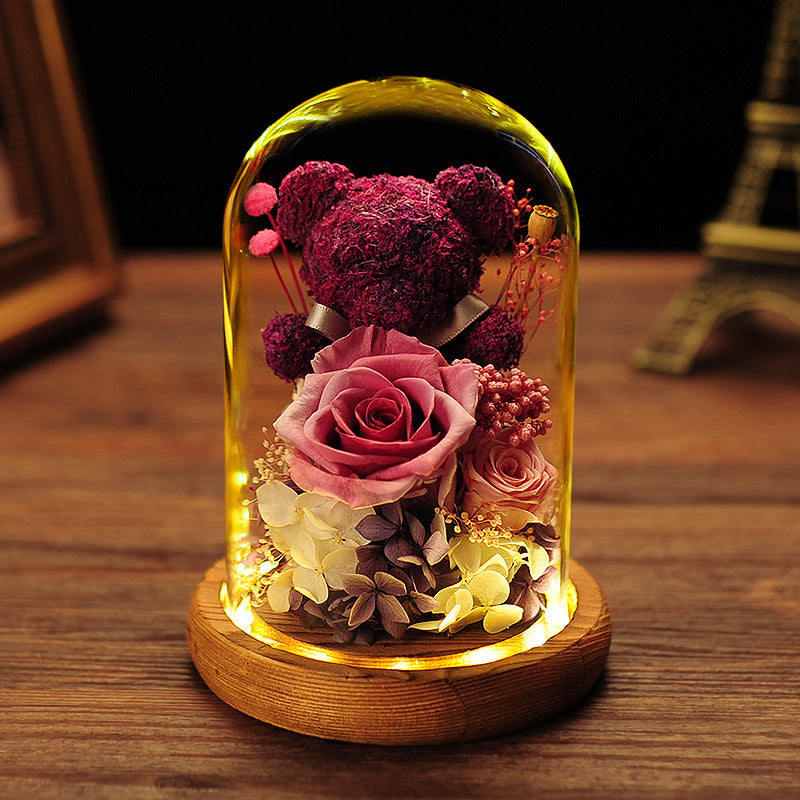 Immortal Moss Bear Gift with Dried Flower Rose Glass Cover