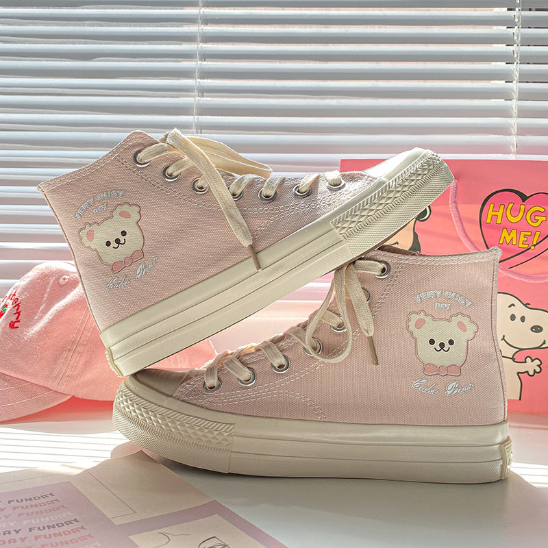 Pink Print Cute Bear High-Top Canvas Sneakers Shoes - ILoveBabu