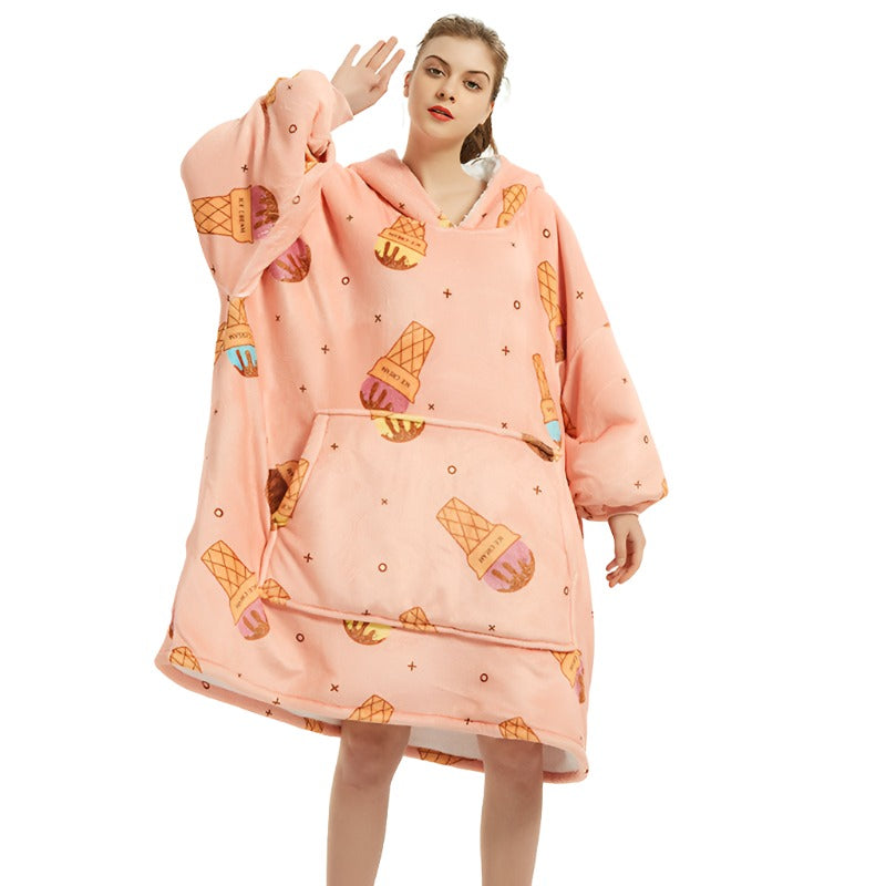 Oversized Wearable Blanket Hoodie Cute Print - Fleece Sleepwear for Warm and Cozy Sofa Homewear - Babu