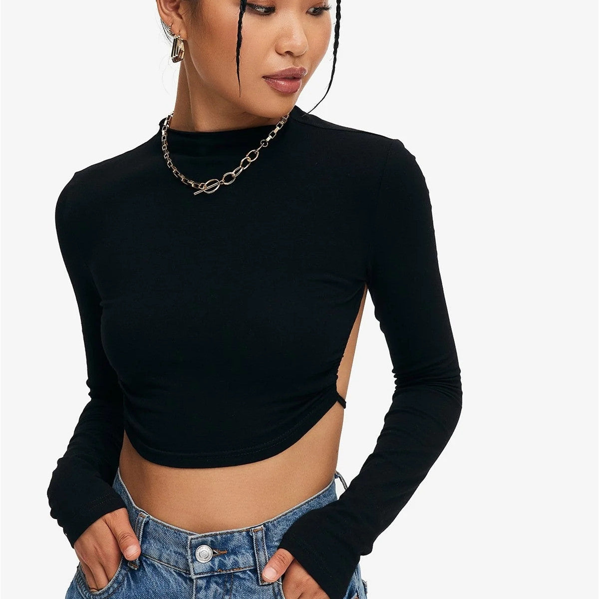 Solid Tie Backless Curved Hem Crop Top T-Shirt