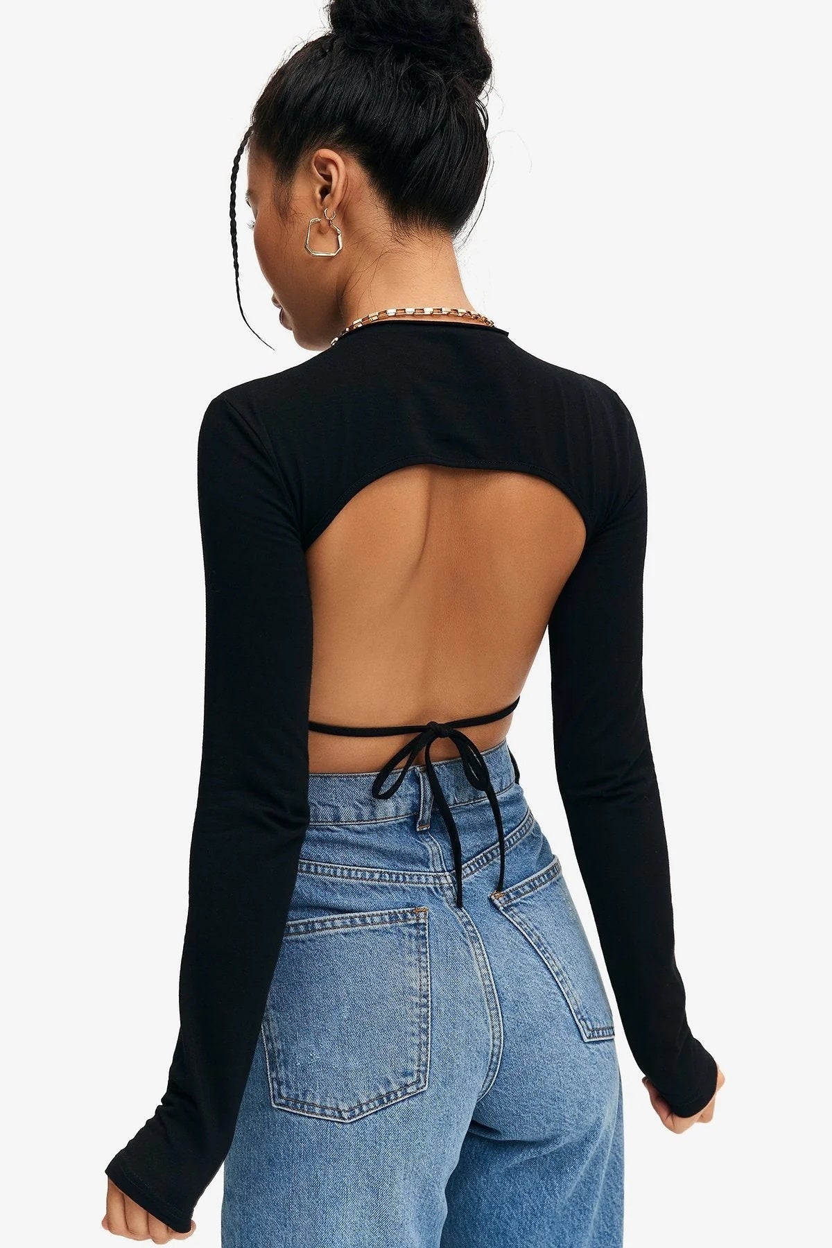 Solid Tie Backless Curved Hem Crop Top T-Shirt